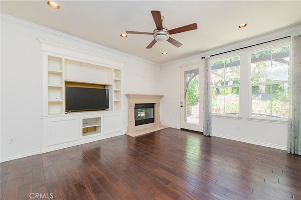 Empty room, Fireplace, Interior, Recessed Lighting, Wood Texture Flooring