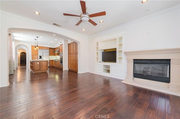 Empty room, Fireplace, Interior, Kitchen, Pendant Lights, Recessed Lighting, Wood Texture Flooring