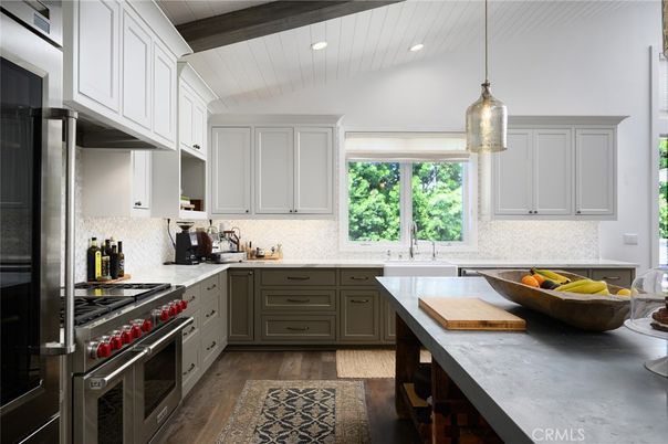 Interior, Kitchen, Pendant Lights, Recessed Lighting, Stainless Steel Appliances, Wooden Beams, Wood Texture Flooring
