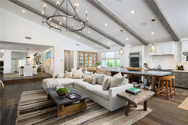 Chandelier, Dining room, Interior, Kitchen, Living room, Pendant Lights, Recessed Lighting, Wooden Beams, Wood Texture Flooring