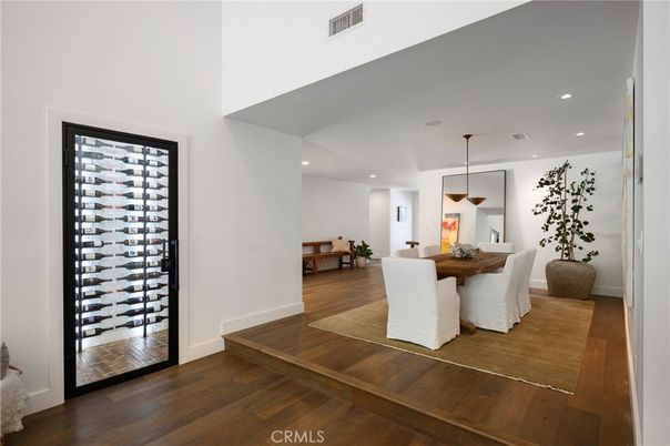 Dining room, Interior, Pendant Lights, Recessed Lighting, Wine Storage, Wood Texture Flooring