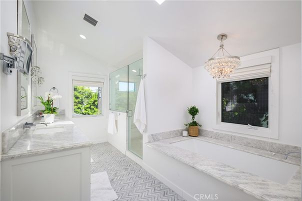 Bathroom, Chandelier, Glass Shower, Interior, Recessed Lighting