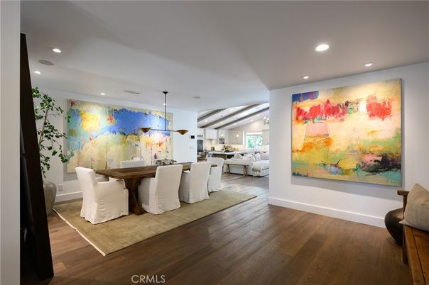 Dining room, Interior, Pendant Lights, Recessed Lighting, Wood Texture Flooring