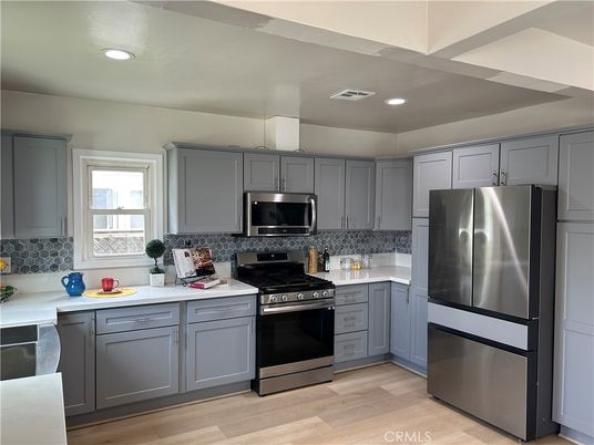 Interior, Kitchen, Recessed Lighting, Stainless Steel Appliances, Wood Texture Flooring