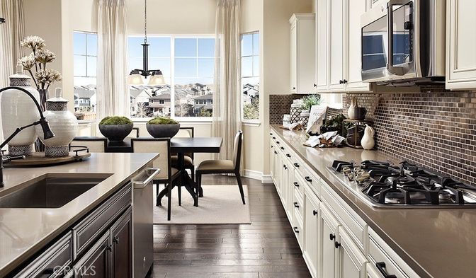 Dining room, Interior, Kitchen, Pendant Lights, Stainless Steel Appliances, Wood Texture Flooring