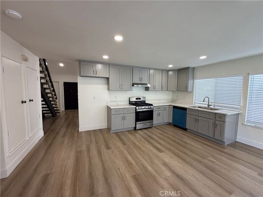Interior, Kitchen, Recessed Lighting, Stainless Steel Appliances, Wood Texture Flooring