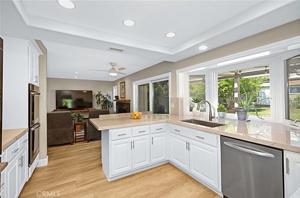 Interior, Kitchen, Living room, Recessed Lighting, Stainless Steel Appliances, Wood Texture Flooring