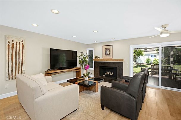 Fireplace, Interior, Living room, Recessed Lighting, Wood Texture Flooring