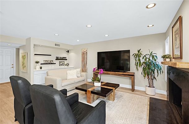 Fireplace, Interior, Living room, Recessed Lighting, Wood Texture Flooring