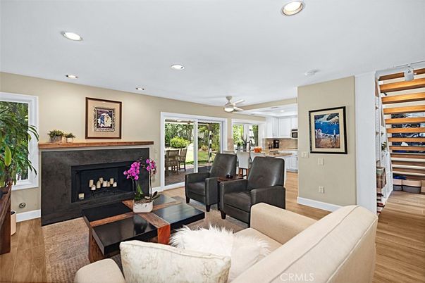 Dining room, Fireplace, Interior, Kitchen, Living room, Recessed Lighting, Wood Texture Flooring