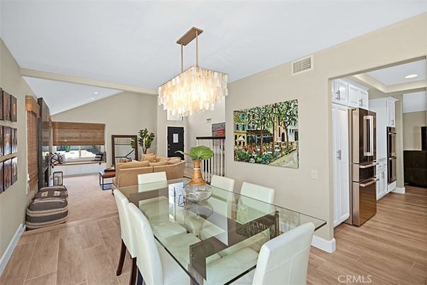 Chandelier, Dining room, Interior, Kitchen, Living room, Recessed Lighting, Wood Texture Flooring
