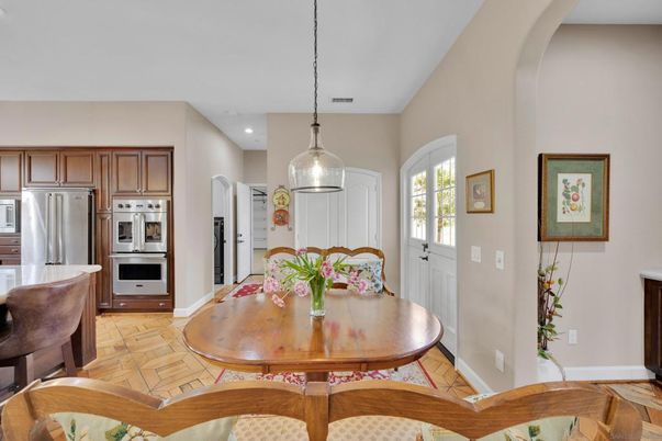 Dining room, Interior, Kitchen, Pendant Lights, Recessed Lighting, Stainless Steel Appliances, Wood Texture Flooring