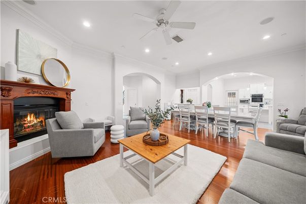 Dining room, Fireplace, Interior, Kitchen, Living room, Recessed Lighting, Wood Texture Flooring