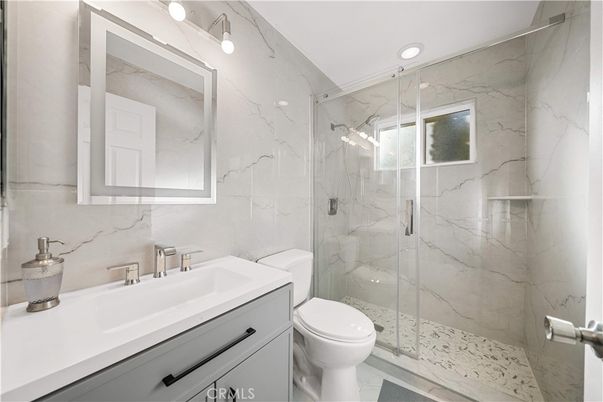 Bathroom, Glass Shower, Interior, Marble Walls, Recessed Lighting