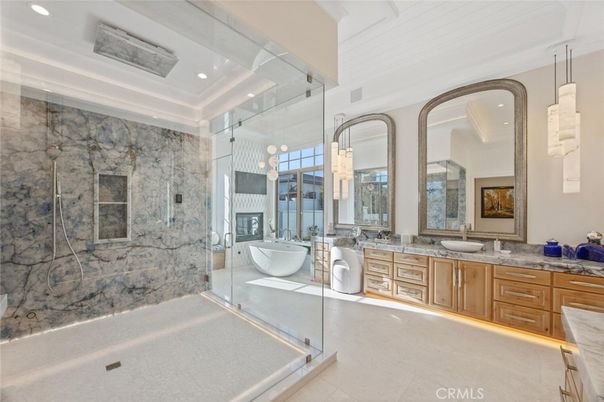 Bathroom, Dual Sink Vanities, Glass Shower, Interior, Pendant Lights, Recessed Lighting