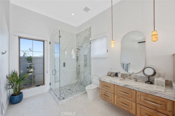 Bathroom, Dual Sink Vanities, Glass Shower, Interior, Pendant Lights, Recessed Lighting