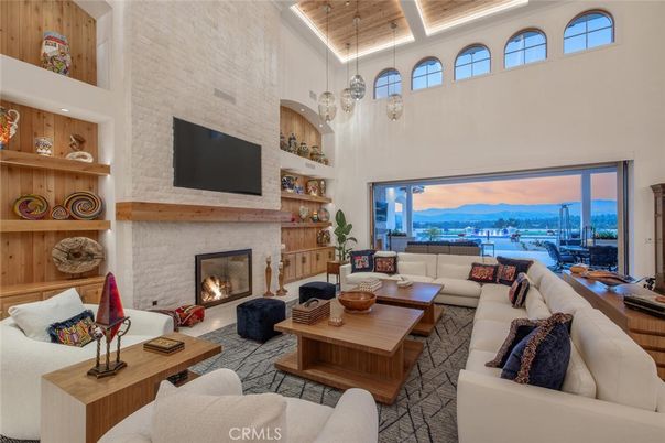 Fireplace, Interior, Living room, Pendant Lights, Stone Walls, Wooden Ceilings