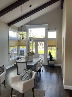 Dining room, Interior, Pendant Lights, Wooden Beams, Wood Texture Flooring