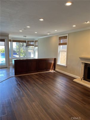 Empty room, Fireplace, Interior, Pendant Lights, Recessed Lighting, Wood Texture Flooring