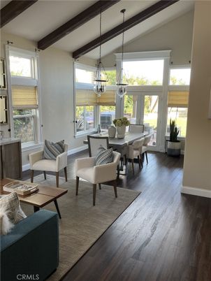Dining room, Interior, Pendant Lights, Wooden Beams, Wood Texture Flooring