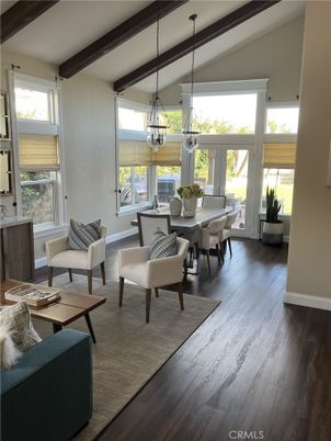 Dining room, Interior, Pendant Lights, Wooden Beams, Wood Texture Flooring