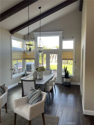 Dining room, Interior, Pendant Lights, Wooden Beams, Wood Texture Flooring