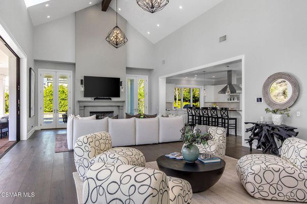 Dining room, Fireplace, Interior, Kitchen, Living room, Pendant Lights, Recessed Lighting, Wood Texture Flooring