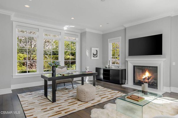 Fireplace, Home Office, Interior, Recessed Lighting, Wood Texture Flooring