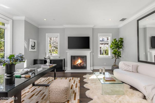 Fireplace, Home Office, Interior, Living room, Recessed Lighting, Wood Texture Flooring