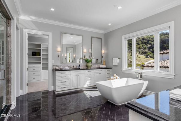 Bathroom, Dual Sink Vanities, Free Standing Baths, Interior, Marble, Recessed Lighting