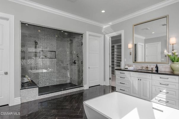Bathroom, Dual Sink Vanities, Free Standing Baths, Glass Shower, Interior, Recessed Lighting