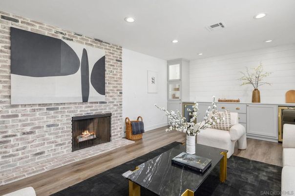 Fireplace, Interior, Recessed Lighting, Stone Walls, Wood Texture Flooring