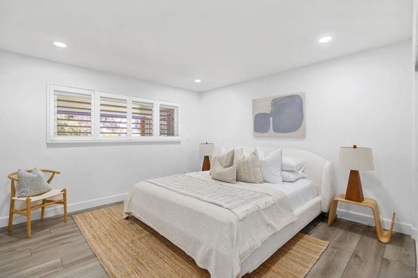 Bedroom, Interior, Recessed Lighting, Wood Texture Flooring
