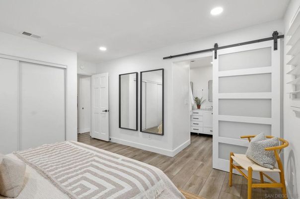 Bedroom, Interior, Recessed Lighting, Wood Texture Flooring