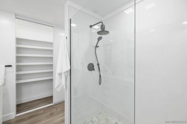 Bathroom, Glass Shower, Interior, Walk-in Closets, Wood Texture Flooring