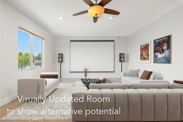 Interior, Living room, Projection Screen, Recessed Lighting, Wood Texture Flooring