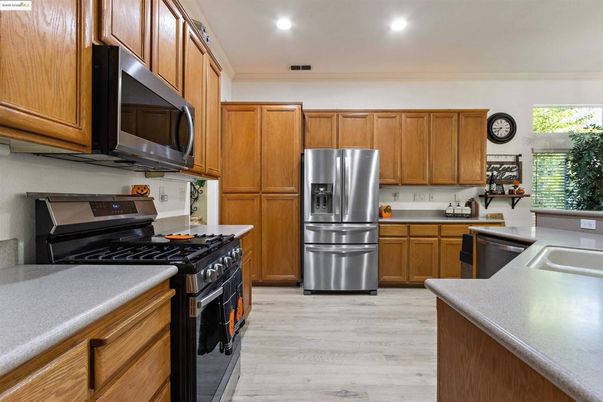 Interior, Kitchen, Recessed Lighting, Stainless Steel Appliances, Wood Texture Flooring