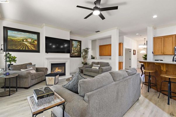 Fireplace, Interior, Kitchen, Living room, Pendant Lights, Recessed Lighting, Wood Texture Flooring