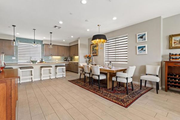 Dining room, Interior, Kitchen, Pendant Lights, Recessed Lighting, Wood Texture Flooring