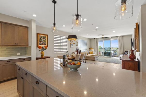 Dining room, Interior, Kitchen, Living room, Pendant Lights, Recessed Lighting, Wood Texture Flooring