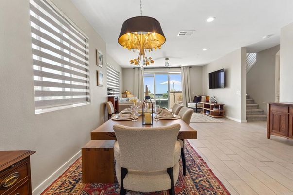 Chandelier, Dining room, Interior, Pendant Lights, Recessed Lighting, Wood Texture Flooring