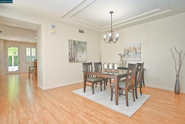 Chandelier, Dining room, Interior, Recessed Lighting, Wood Texture Flooring