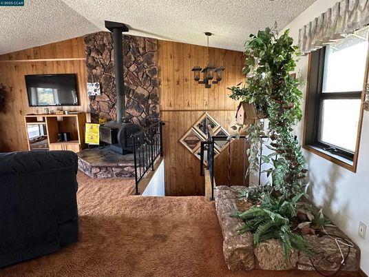 Fireplace, Interior, Pendant Lights, Stone Walls, Wooden Walls