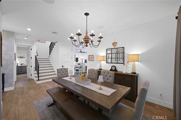 Chandelier, Dining room, Interior, Recessed Lighting, Wood Texture Flooring
