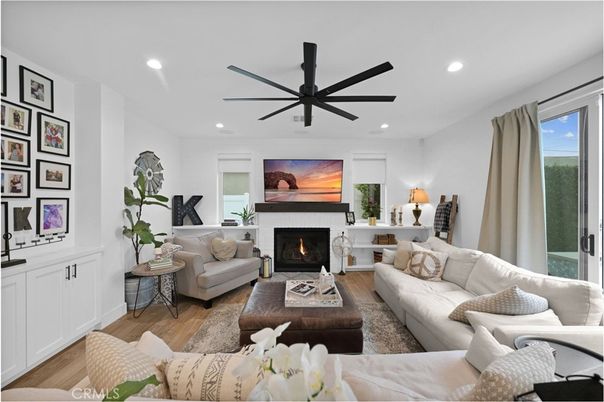 Fireplace, Interior, Living room, Recessed Lighting, Wood Texture Flooring
