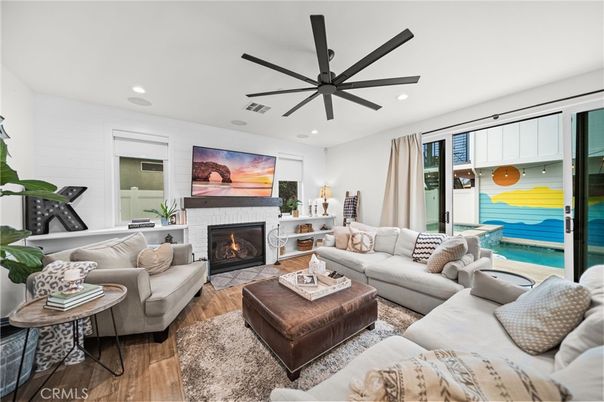 Fireplace, Interior, Living room, Recessed Lighting, Wood Texture Flooring