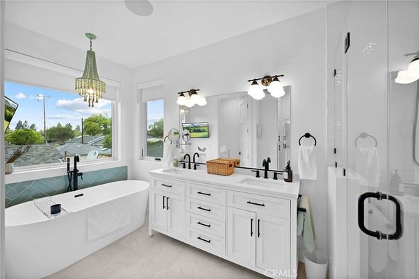 Bathroom, Dual Sink Vanities, Free Standing Baths, Glass Shower, Interior, Pendant Lights