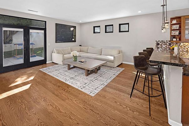 Dining room, Interior, Living room, Pendant Lights, Recessed Lighting, Wood Texture Flooring