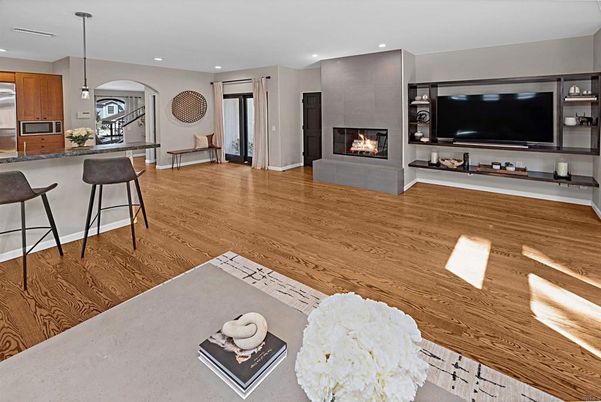 Fireplace, Interior, Kitchen, Pendant Lights, Recessed Lighting, Stainless Steel Appliances, Wood Texture Flooring