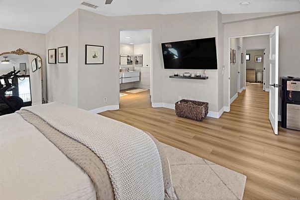 Bedroom, Interior, Recessed Lighting, Wood Texture Flooring